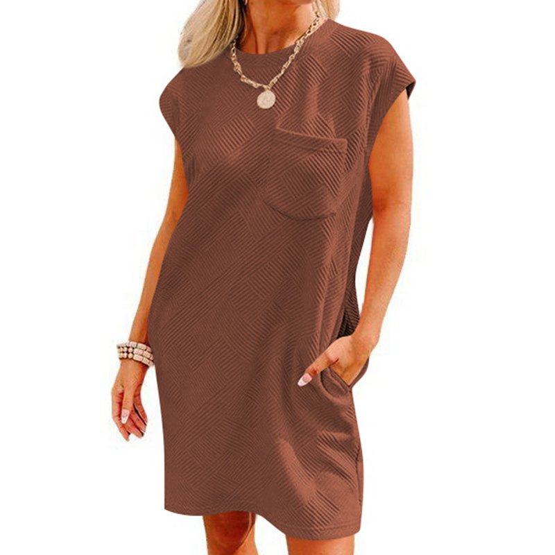 Wholesale summer casual lightweight skirt breathable solid color loose dress textured striped crew neck cap sleeve women dresses