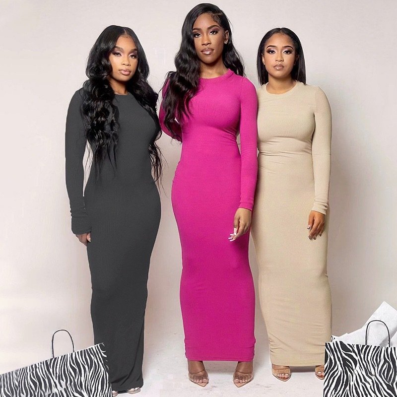 Clothing Manufacturers Plus Size Casual Bodycon Summer Dresses Loungewear Cotton Ribbed Soft Long Sleeve Maxi Women's Dresses