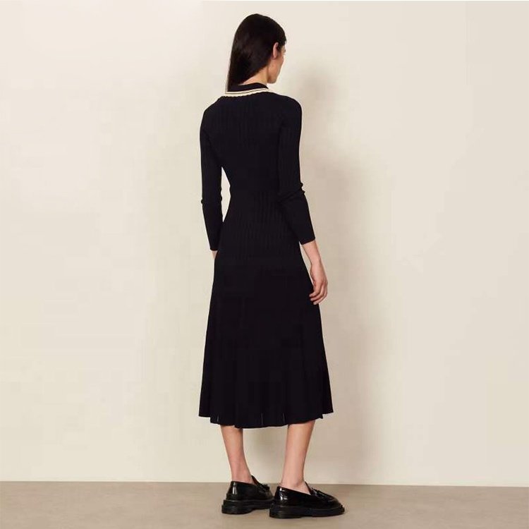 Knitwear manufacturer custom autumn winter black polo collar long sleeve ribbed knit women's sweater dress