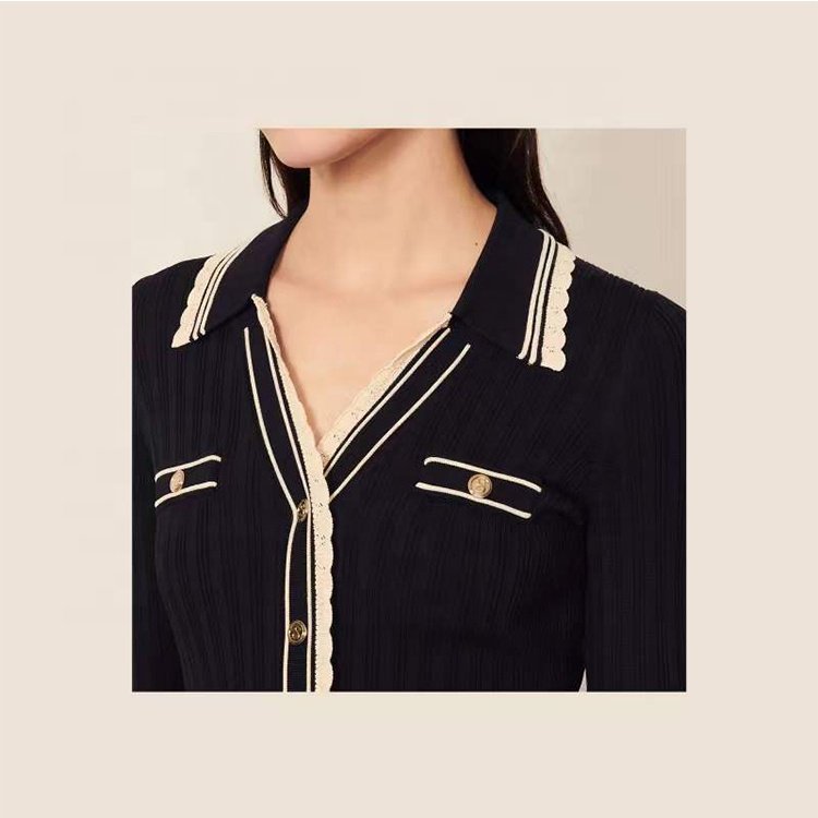 Knitwear manufacturer custom autumn winter black polo collar long sleeve ribbed knit women's sweater dress