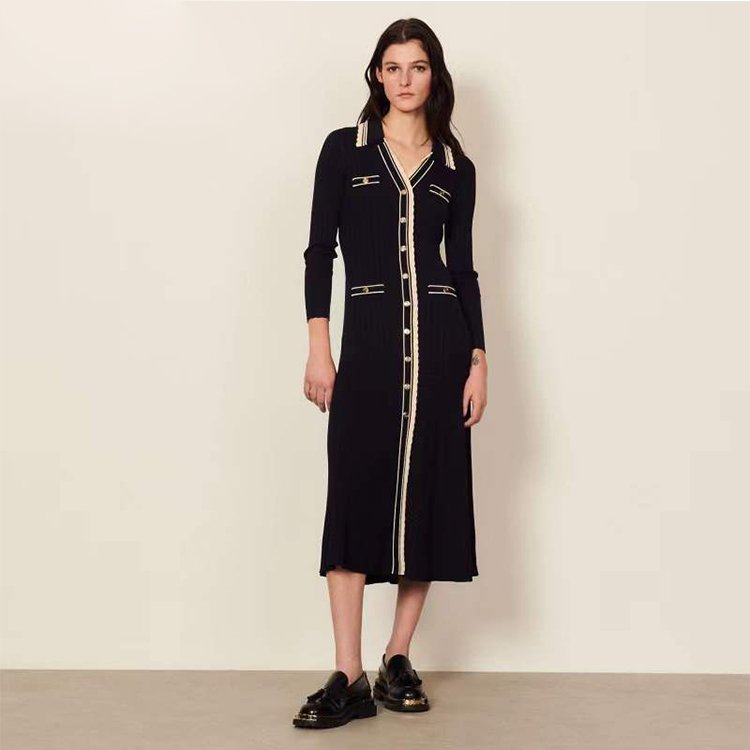 Knitwear manufacturer custom autumn winter black polo collar long sleeve ribbed knit women's sweater dress