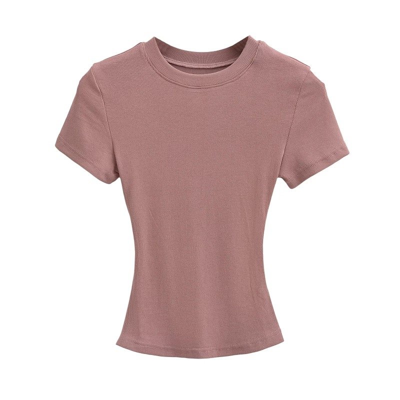 Solid Y2K Tee Tops Round Neck Rib Baby Tee Elastic Shoulder Short Sleeved T-shirt 2024 Summer New Collection Waist Cinching