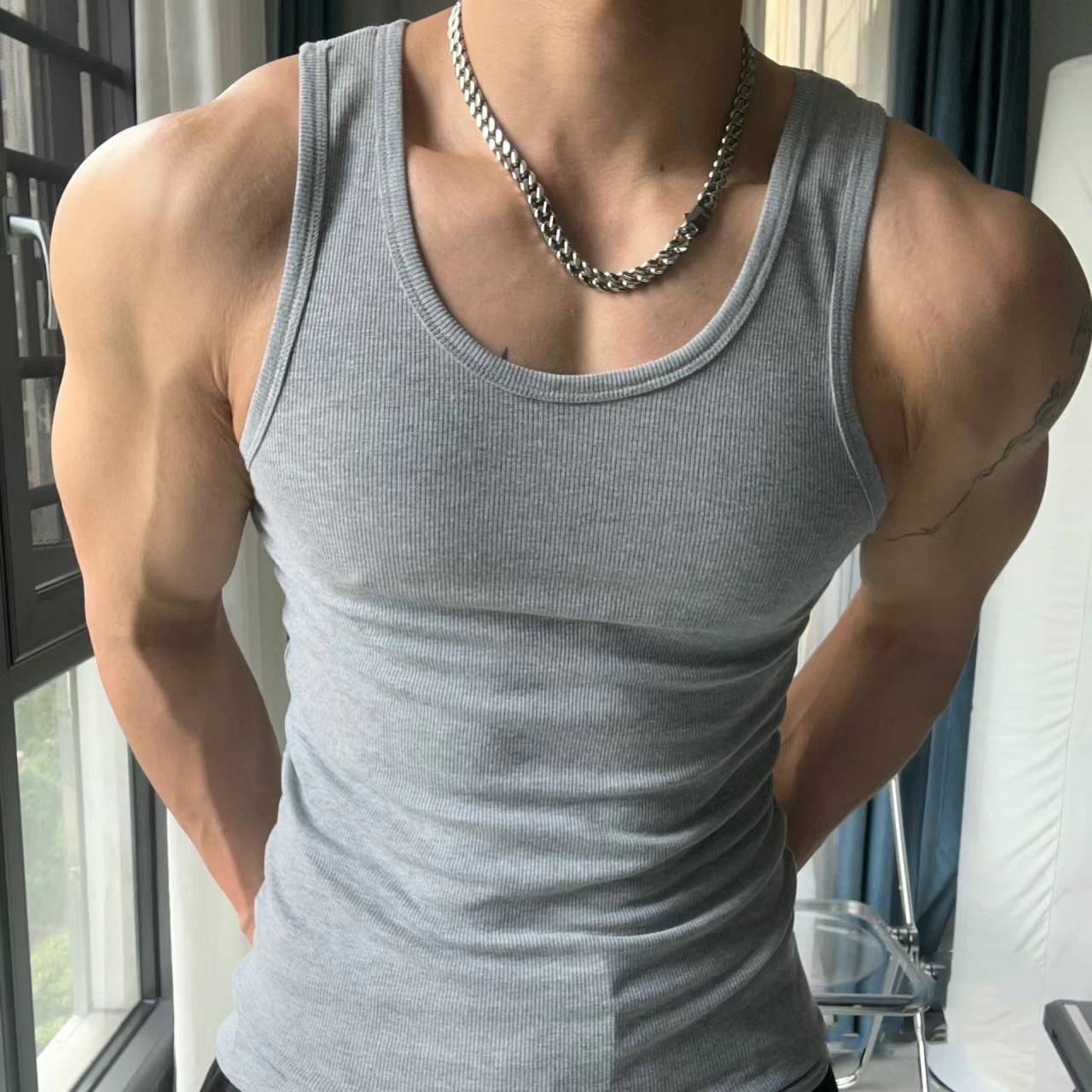 Summer Tank Top Men's Casual Knitted Gym T-Shirt Rib soft material Sleeveless Vest Elastic Slim Tank tops Men