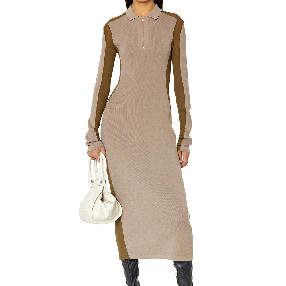 Womens 100% Wool Rib Knitting Long Sleeve Half-Zipper Opening Collar Dress Knit For Top Knitwear Dress