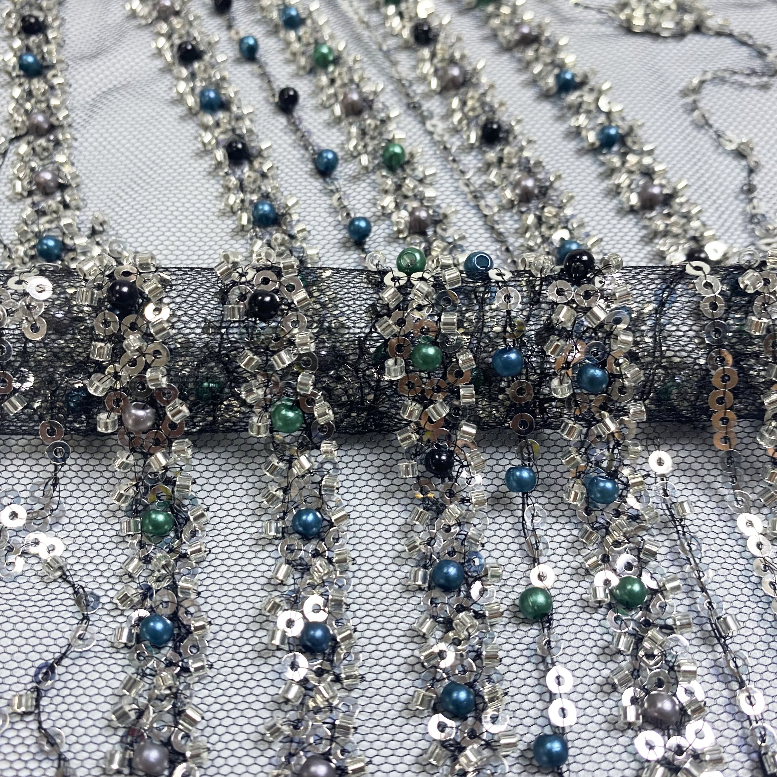 2024 sequin black net embroidery fabric beaded embroidery bridal laces fabrics for new trend fabrics uae national