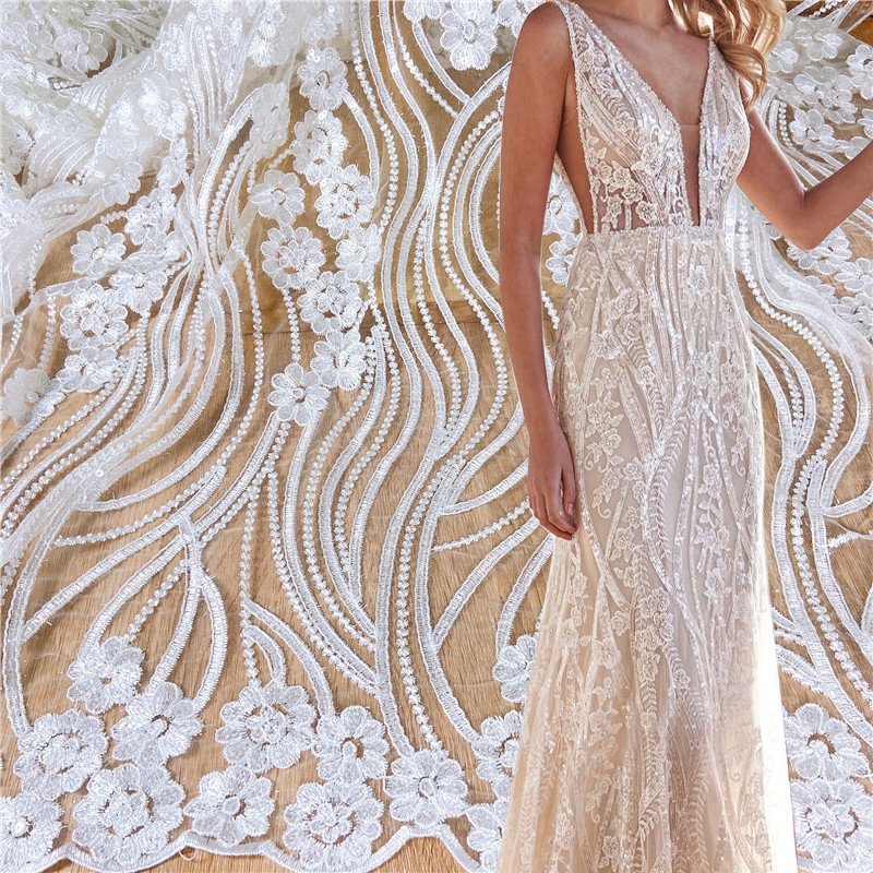 Wholesale white bridal crystal Luxury sequin embroidery fabric sequin lace fabricsequin velvet fabric for wedding dress