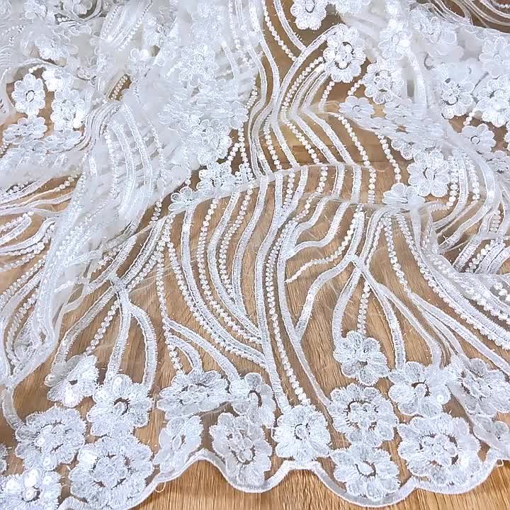 Wholesale white bridal crystal Luxury sequin embroidery fabric sequin lace fabricsequin velvet fabric for wedding dress