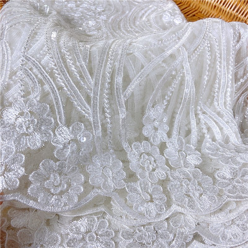 Wholesale white bridal crystal Luxury sequin embroidery fabric sequin lace fabricsequin velvet fabric for wedding dress