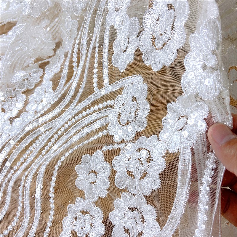 Wholesale white bridal crystal Luxury sequin embroidery fabric sequin lace fabricsequin velvet fabric for wedding dress