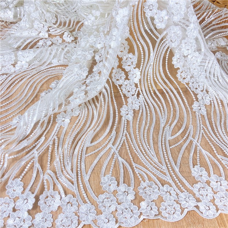 Wholesale white bridal crystal Luxury sequin embroidery fabric sequin lace fabricsequin velvet fabric for wedding dress