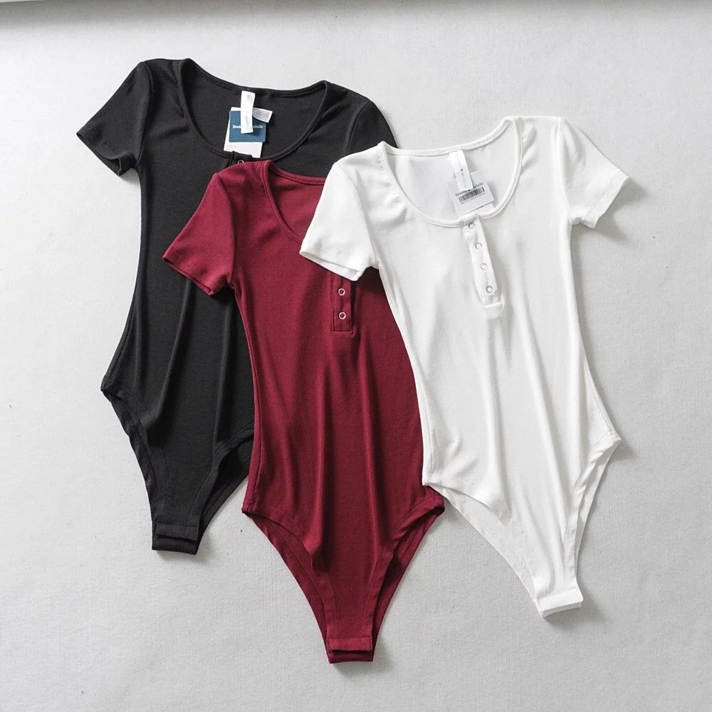 Custom Elegant Short Sleeve Sexy Round Neck Ribbed Slimming Stretchy Romper Bottoming Tops Shirt Bodysuits For Women