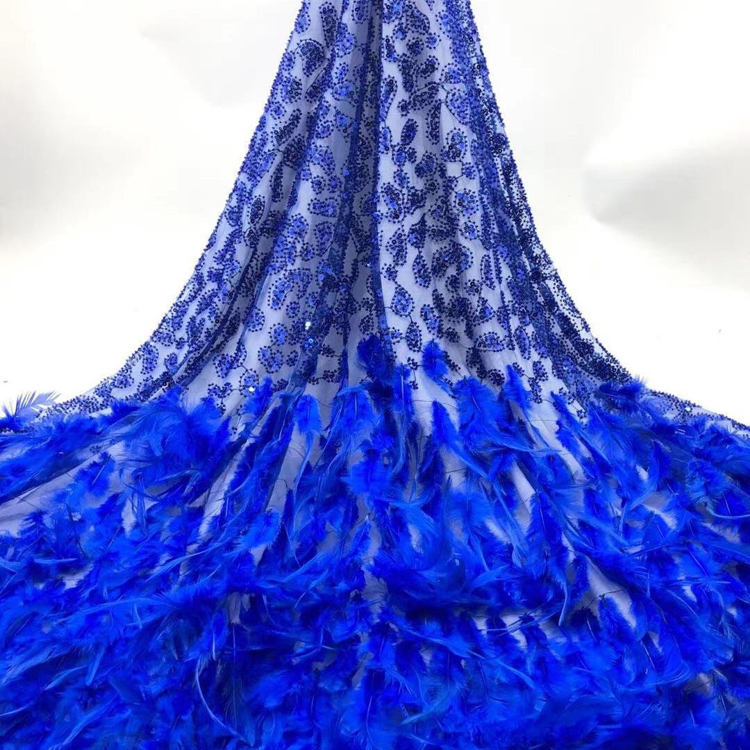 Z009 High quality feather tulle lace fabric african sequin embroidery blue tulle lace fabric wedding lace fabric with beads