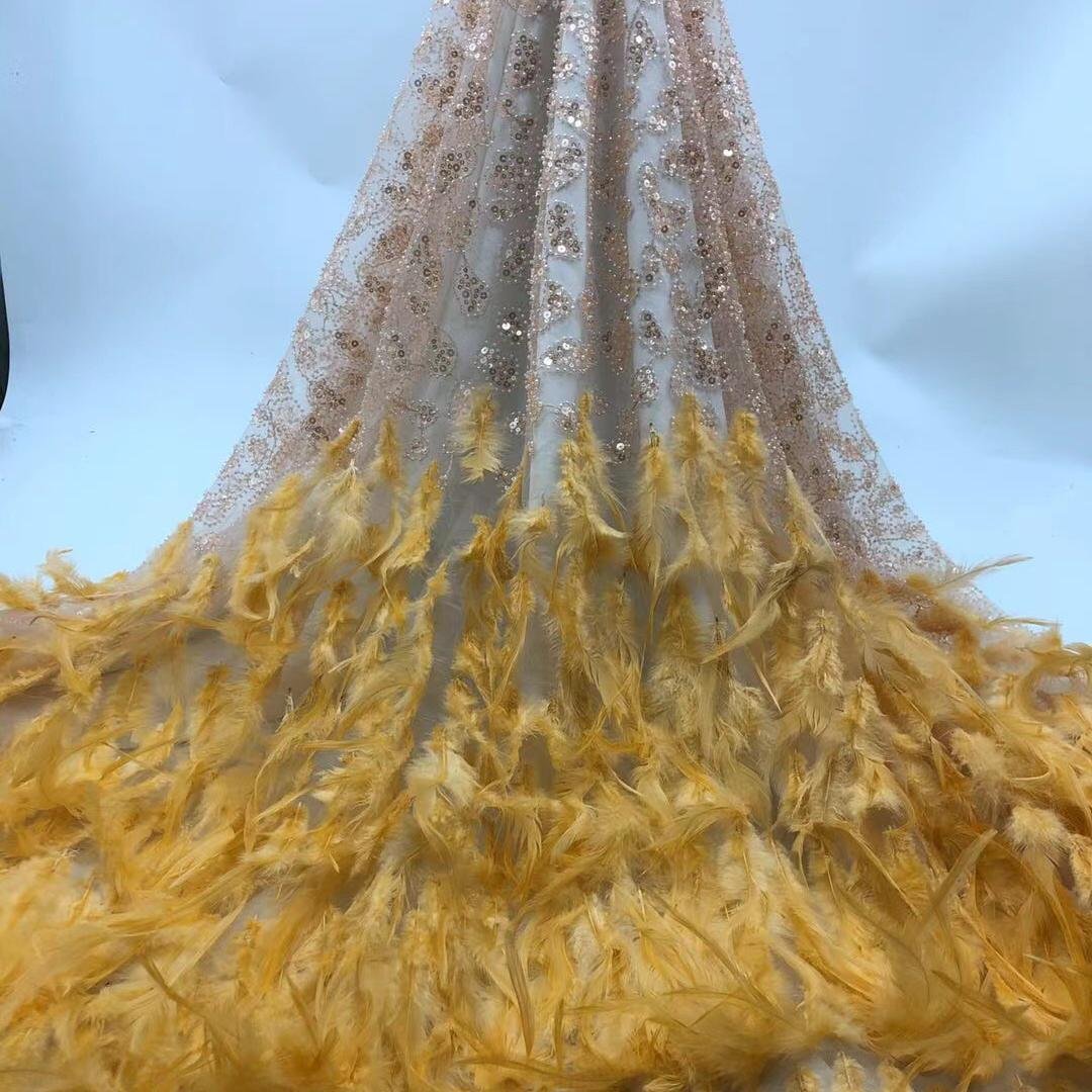 Z009 High quality feather tulle lace fabric african sequin embroidery blue tulle lace fabric wedding lace fabric with beads