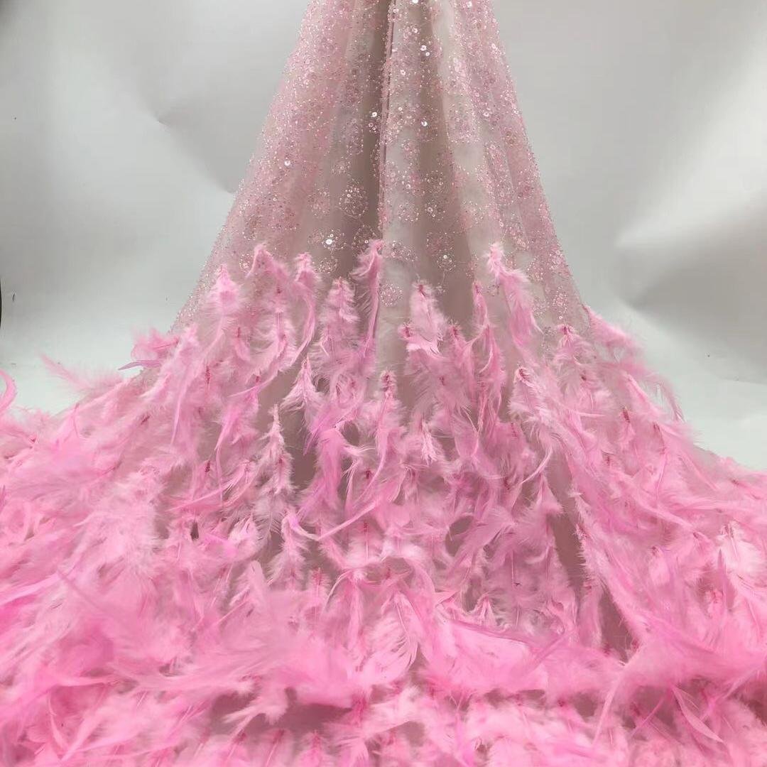 Z009 High quality feather tulle lace fabric african sequin embroidery blue tulle lace fabric wedding lace fabric with beads