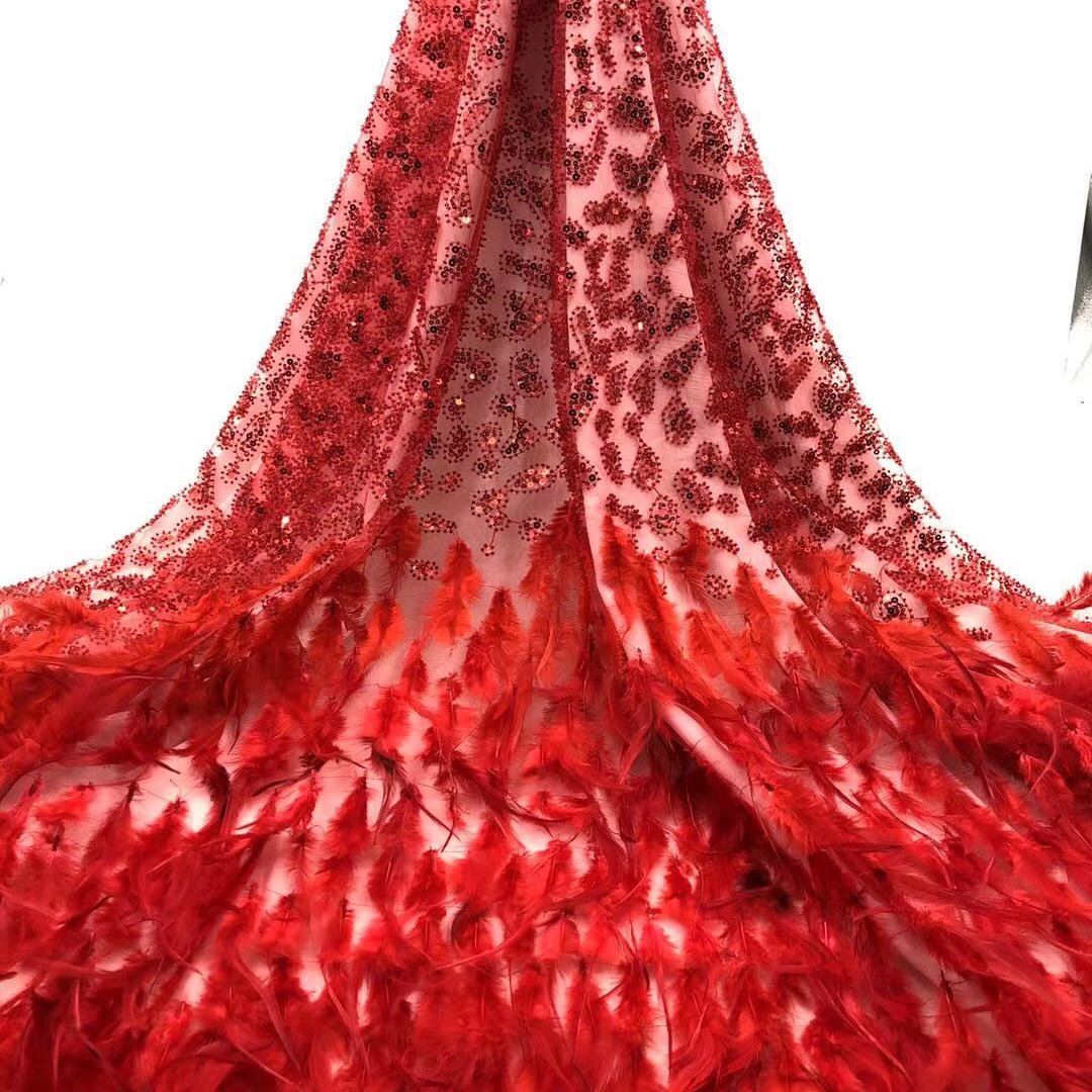 Z009 High quality feather tulle lace fabric african sequin embroidery blue tulle lace fabric wedding lace fabric with beads