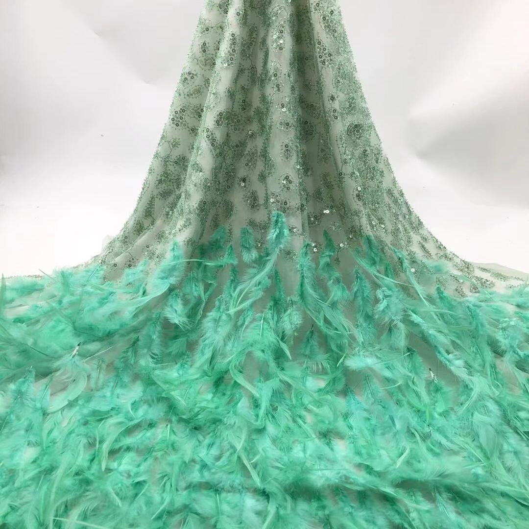 Z009 High quality feather tulle lace fabric african sequin embroidery blue tulle lace fabric wedding lace fabric with beads