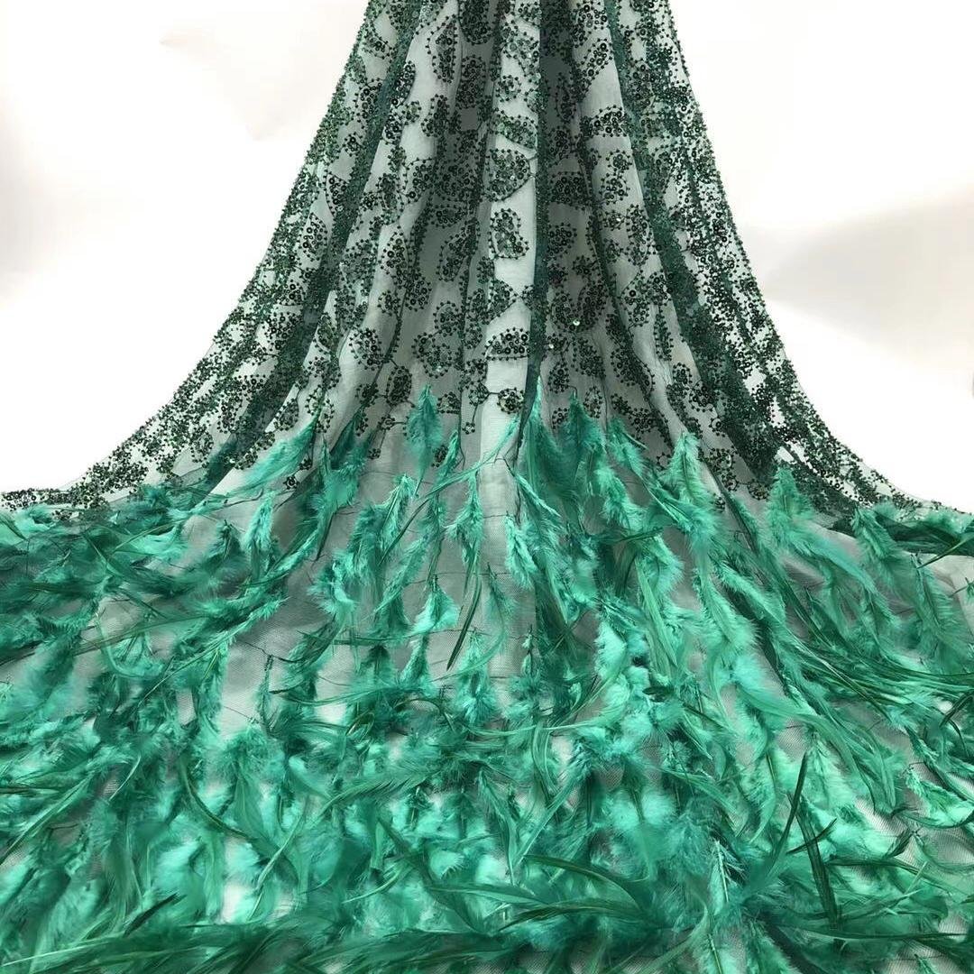 Z009 High quality feather tulle lace fabric african sequin embroidery blue tulle lace fabric wedding lace fabric with beads