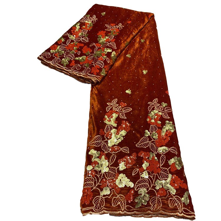 African Embroidery Velvet Lace Fabrics Nigerian Tan Color Embroidered Velvet Dress Making Lace Fabric with Sequined