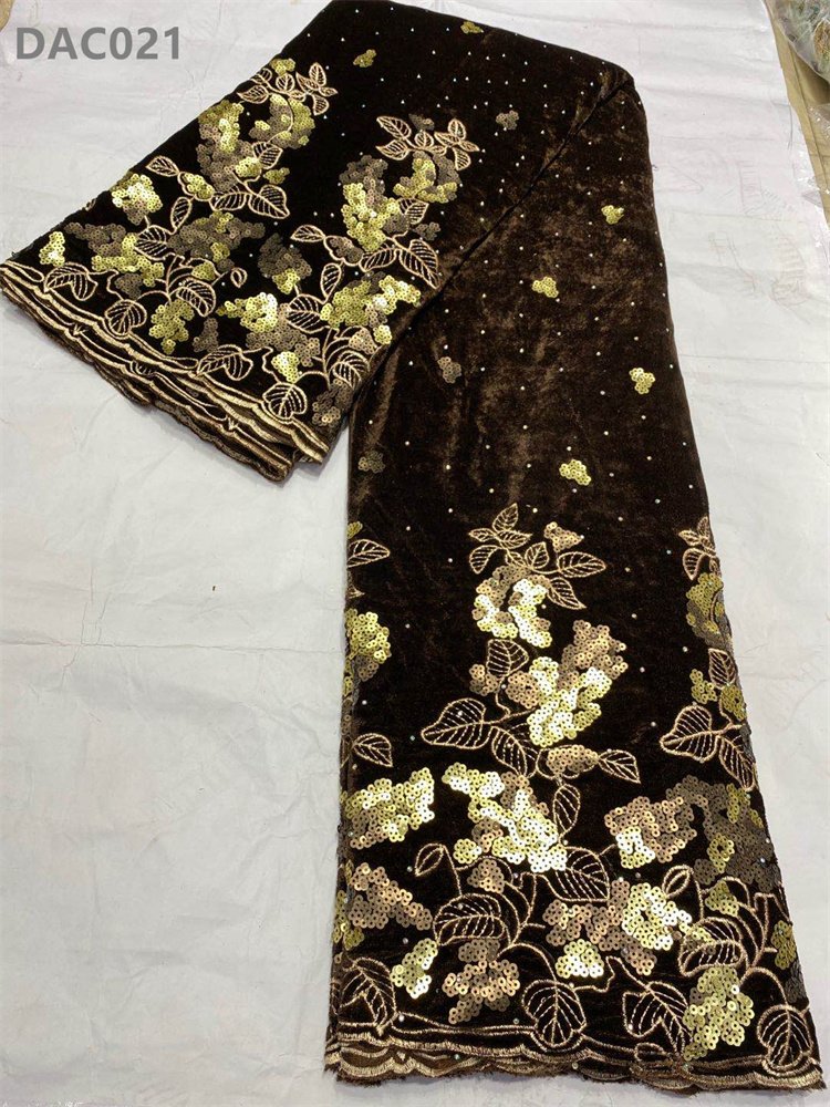 African Embroidery Velvet Lace Fabrics Nigerian Tan Color Embroidered Velvet Dress Making Lace Fabric with Sequined