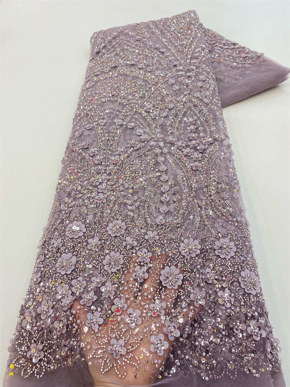 NI.AI Luxury Bridal Wedding Lace Fabric Beaded Lace Embroidery Sequence Lace Fabric With Sequin Beads