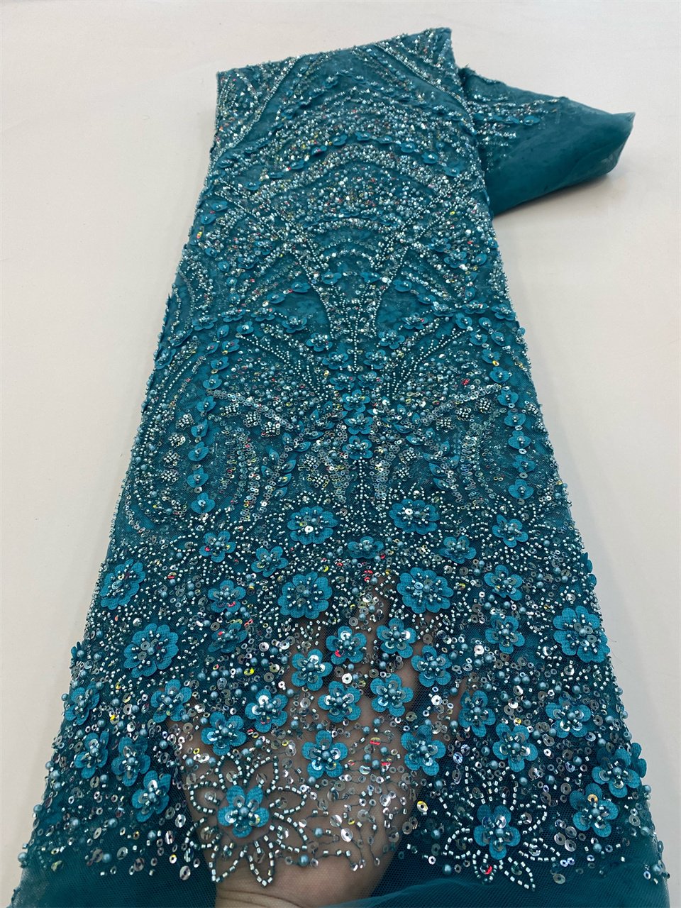 NI.AI Luxury Bridal Wedding Lace Fabric Beaded Lace Embroidery Sequence Lace Fabric With Sequin Beads