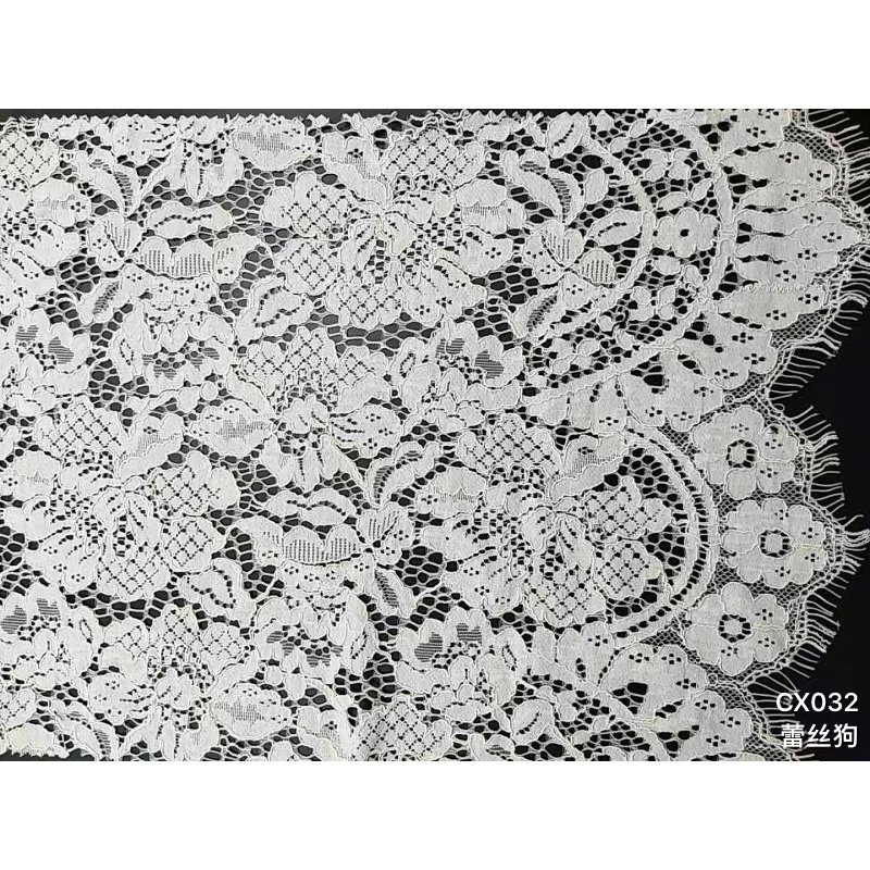 Soft White Bridal Wedding Dress Fabric Flyer Hot Sale French Eyelash Chantilly Lace Polyester Mesh Fabric Sustainable Crocheted