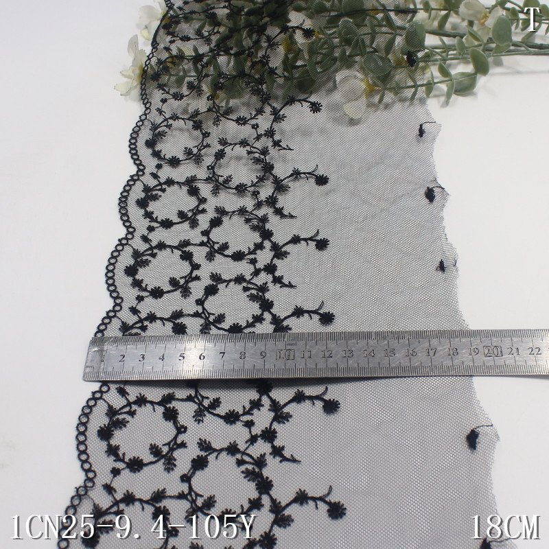 Great Quality small Flower Embroidery thin Lace 18cm wide Soft black red Tulle Voile Embroidered Lace Trim for Dresses