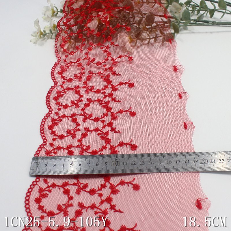 Great Quality small Flower Embroidery thin Lace 18cm wide Soft black red Tulle Voile Embroidered Lace Trim for Dresses