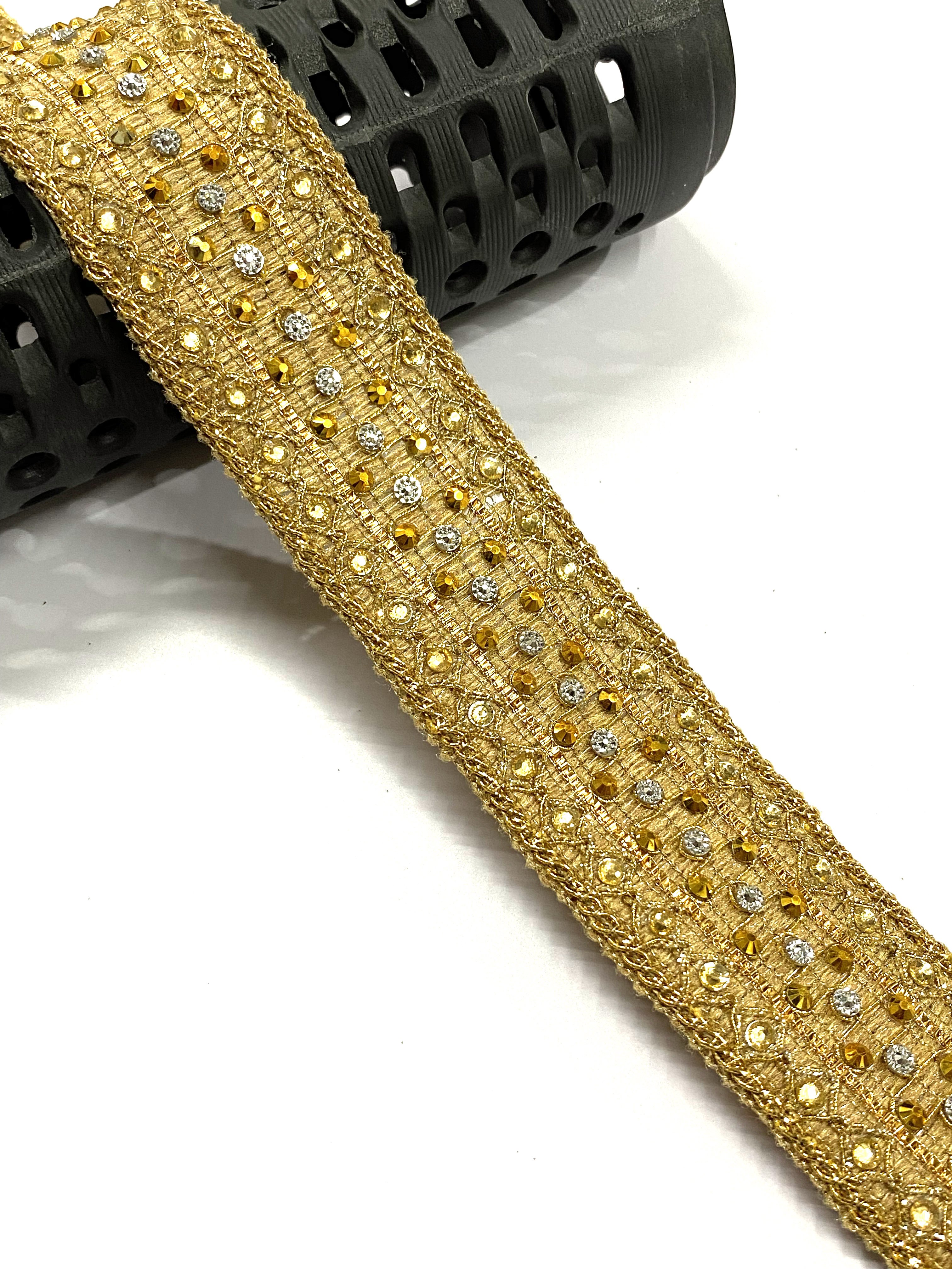 ETHNIC GOLD BEADS LACE TRIMMINGS FRINGES BORDER IN POLYESTER JUTE USED IN WOMEN'S TOTE BAGS MUSLIM'S WEAR DEALS IN WHOLESALE
