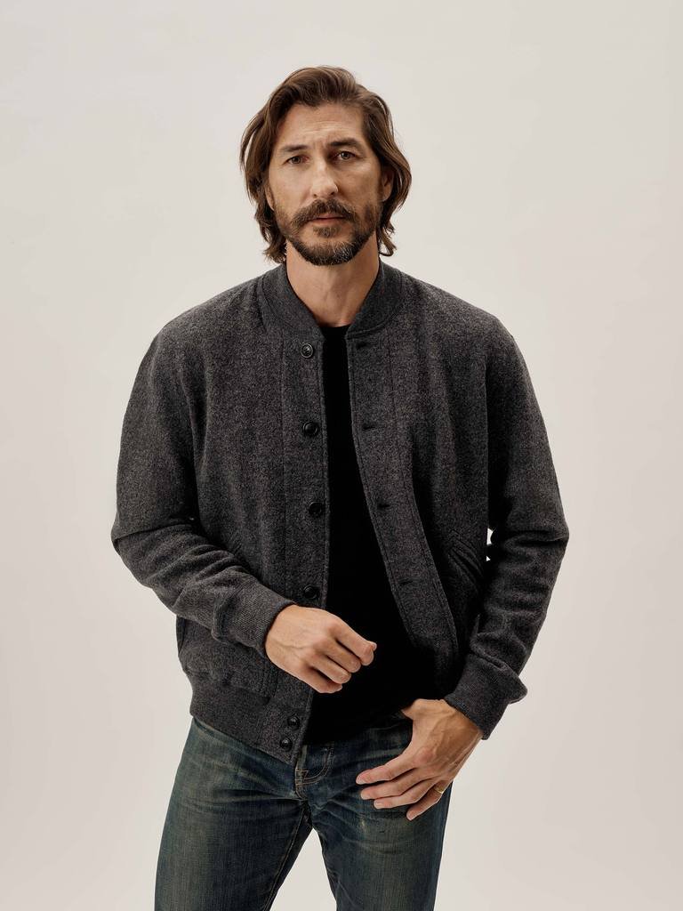 Charcoal Luxury Felted Rally Bomber Jacket Wool Blend Fabric Knit Rib Casual Classic Short Plain Custom Mens Bomber Jacket