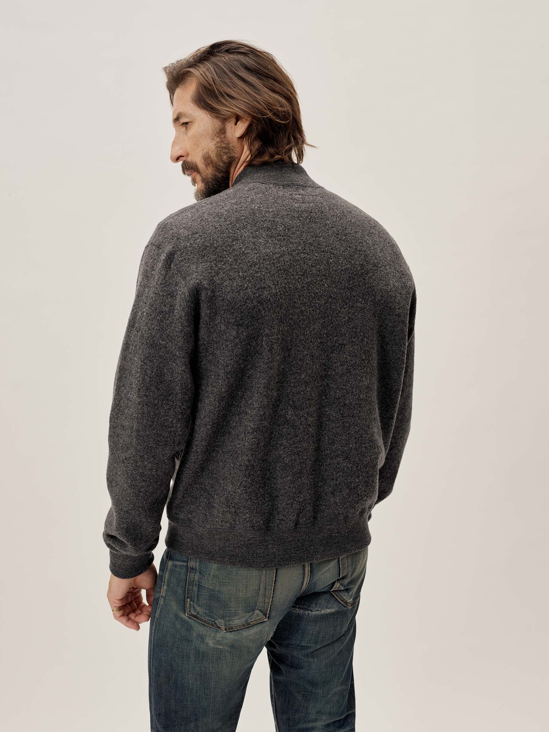 Charcoal Luxury Felted Rally Bomber Jacket Wool Blend Fabric Knit Rib Casual Classic Short Plain Custom Mens Bomber Jacket