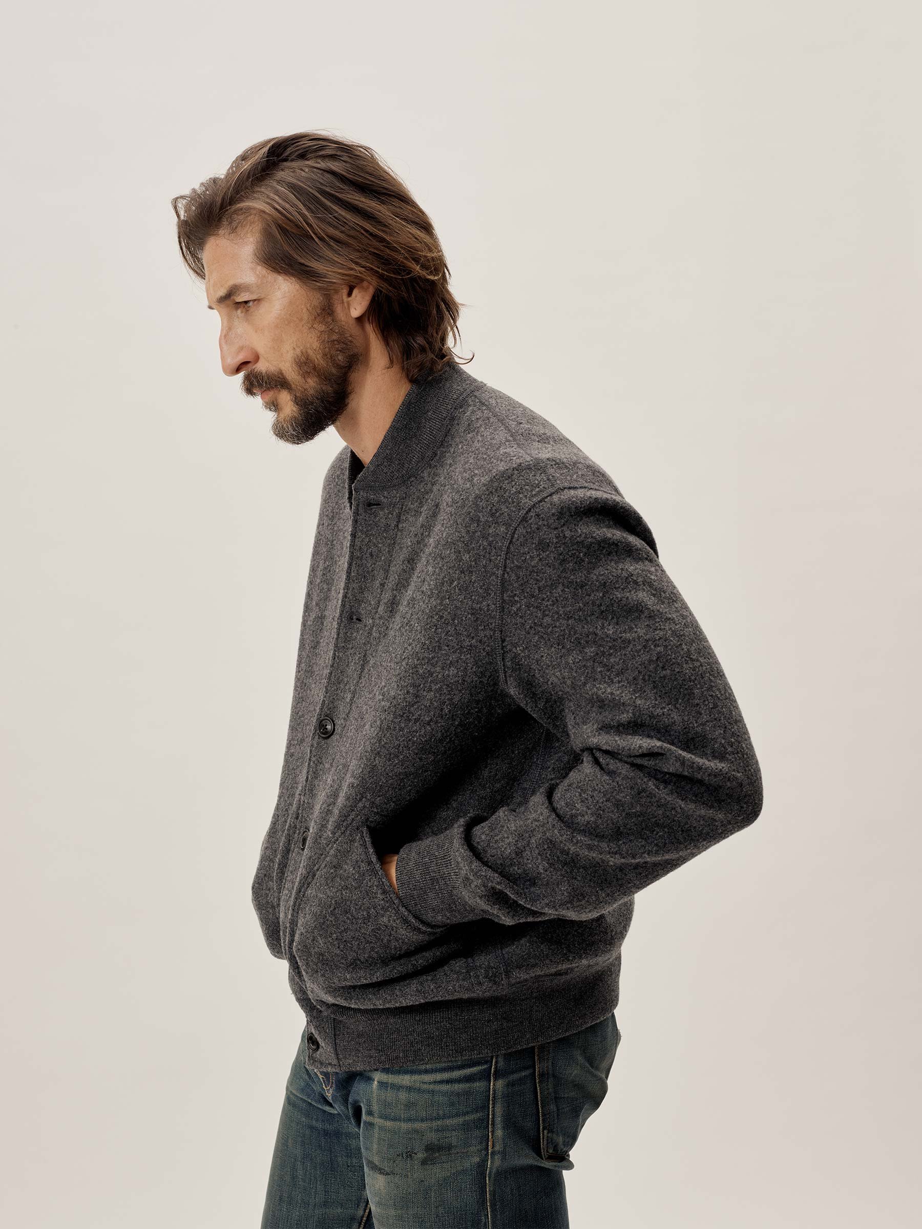 Charcoal Luxury Felted Rally Bomber Jacket Wool Blend Fabric Knit Rib Casual Classic Short Plain Custom Mens Bomber Jacket