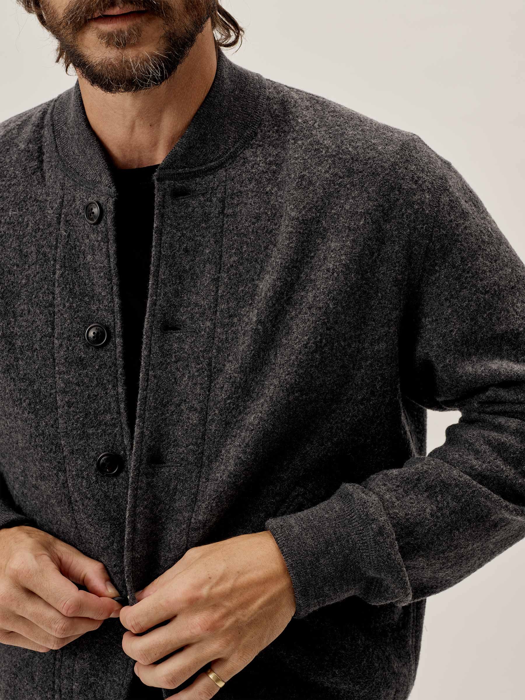 Charcoal Luxury Felted Rally Bomber Jacket Wool Blend Fabric Knit Rib Casual Classic Short Plain Custom Mens Bomber Jacket