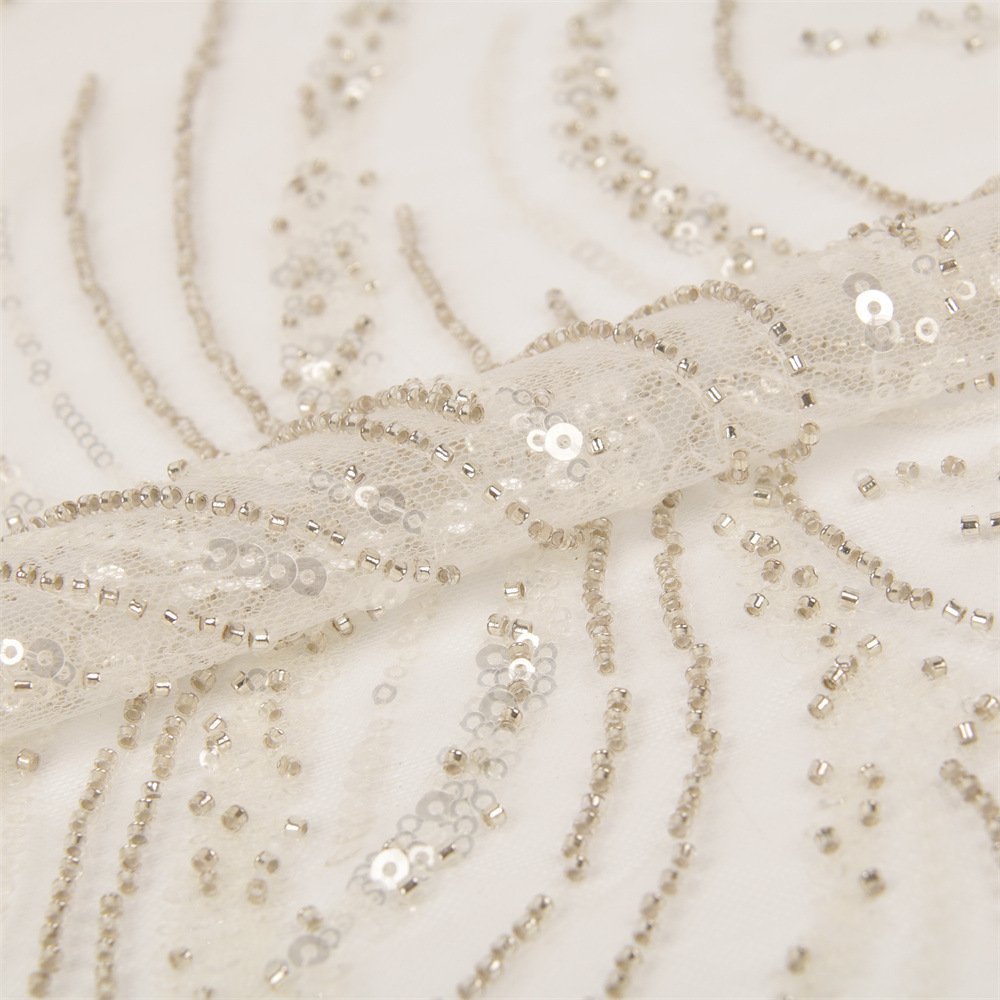 2023 Luxury French Tulle Flat Beaded Embroidery Lace Wax Diamond White Sequins Mesh Fabric For Wedding Dress