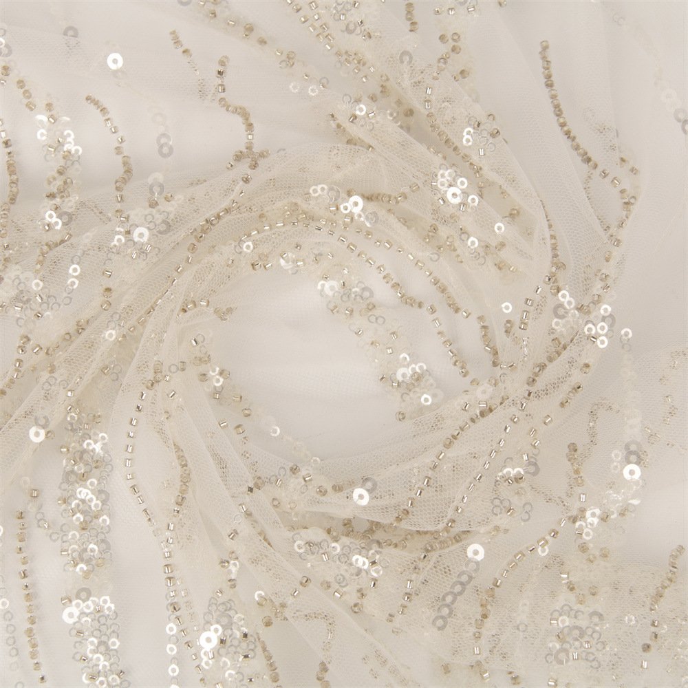 2023 Luxury French Tulle Flat Beaded Embroidery Lace Wax Diamond White Sequins Mesh Fabric For Wedding Dress