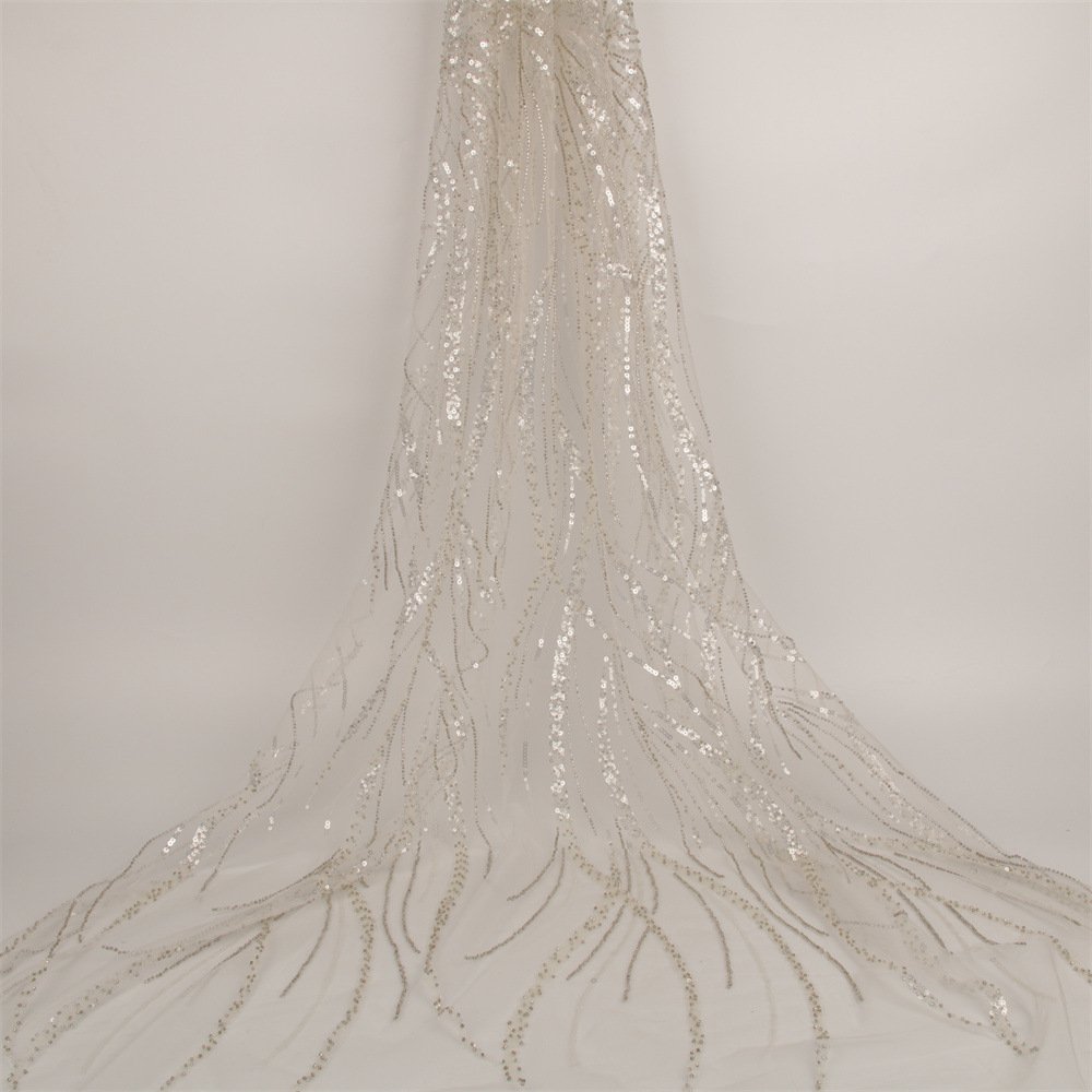 2023 Luxury French Tulle Flat Beaded Embroidery Lace Wax Diamond White Sequins Mesh Fabric For Wedding Dress