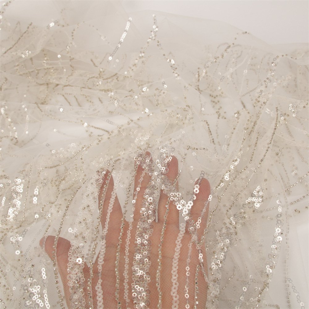 2023 Luxury French Tulle Flat Beaded Embroidery Lace Wax Diamond White Sequins Mesh Fabric For Wedding Dress