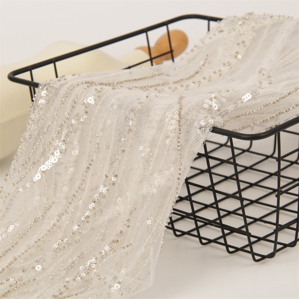 2023 Luxury French Tulle Flat Beaded Embroidery Lace Wax Diamond White Sequins Mesh Fabric For Wedding Dress
