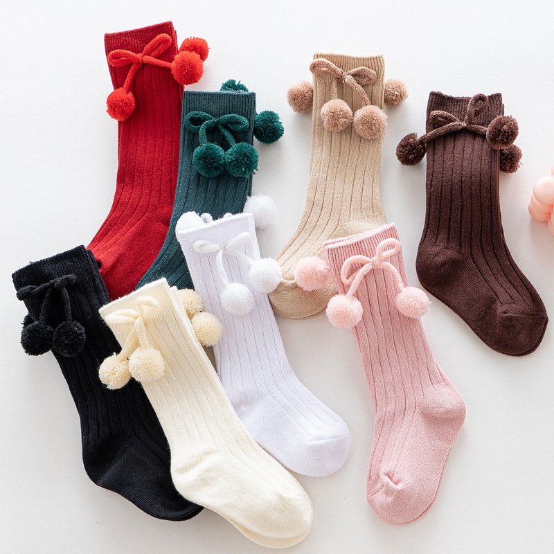Whale New Stock 13 Colors Spring Knee High 200N Combed Cotton Knitted Ribbed Pompom Sweet Children Colorful Kids Baby Socks
