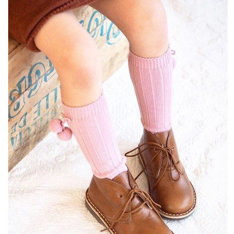 Whale New Stock 13 Colors Spring Knee High 200N Combed Cotton Knitted Ribbed Pompom Sweet Children Colorful Kids Baby Socks