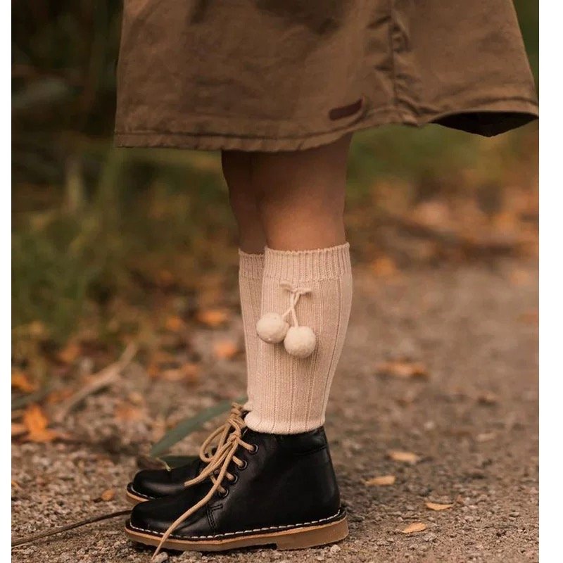 Whale New Stock 13 Colors Spring Knee High 200N Combed Cotton Knitted Ribbed Pompom Sweet Children Colorful Kids Baby Socks