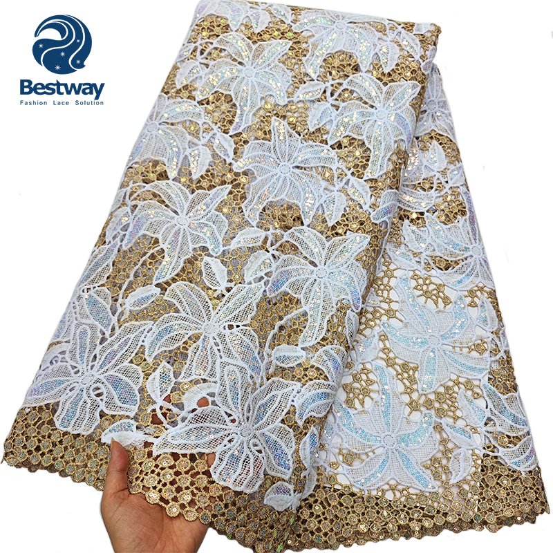 Bestway Gold Sequence Cord African Wedding Chemical Water Soluble Guipure Lace Fabric