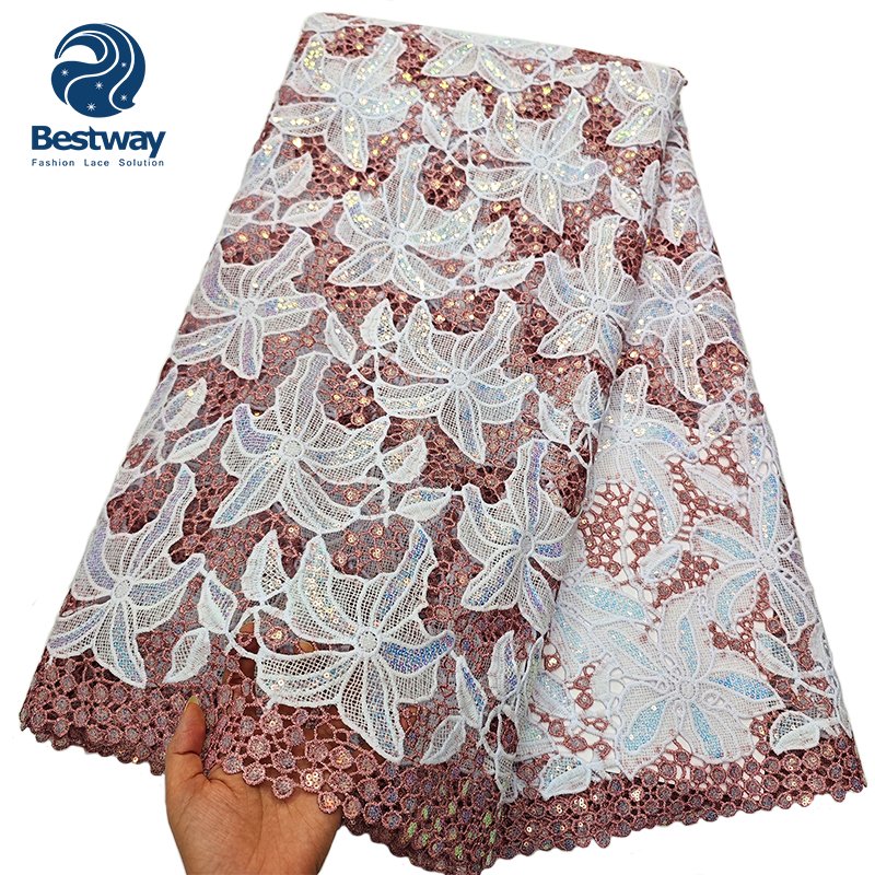 Bestway Gold Sequence Cord African Wedding Chemical Water Soluble Guipure Lace Fabric