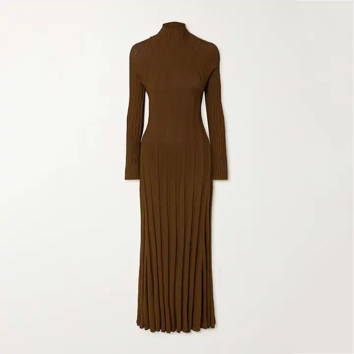 Best Quality Women's Rib Knit Crew Neck Maxi Dress Hot Selling Winter Pleated Floral Print Long Sleeve Casual Sweater Dress