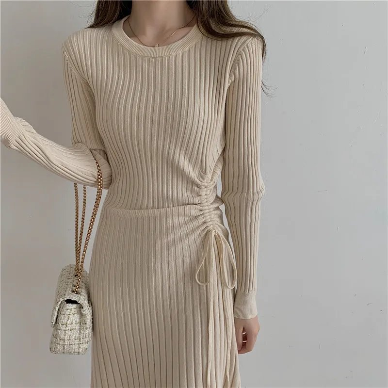 Best Quality Women's Rib Knit Crew Neck Maxi Dress Hot Selling Winter Pleated Floral Print Long Sleeve Casual Sweater Dress