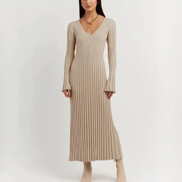Best Quality Women's Rib Knit Crew Neck Maxi Dress Hot Selling Winter Pleated Floral Print Long Sleeve Casual Sweater Dress