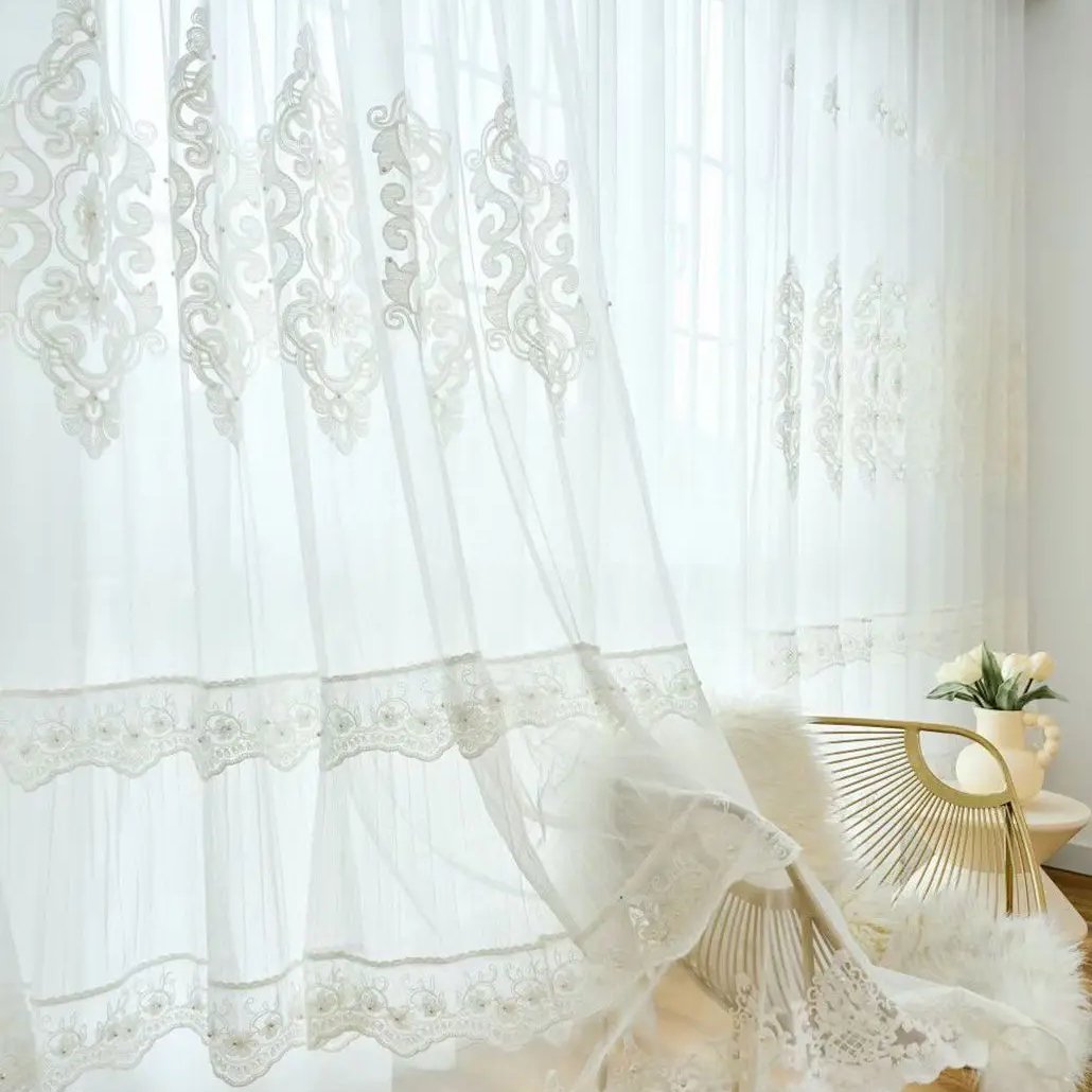 Factory Supply luxury leaves design embroidery sheer transparent curtains for living room