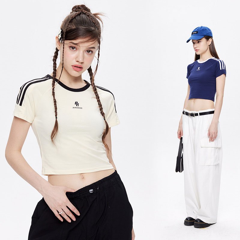 Women's New Fashion Crewneck Slim Fit Cropped T-Shirt Tops Cotton and Spandex Rib Letter Print Design Y2K Style for Summer