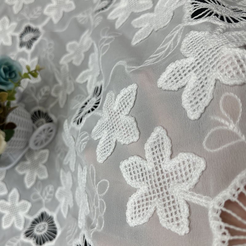 Customised Lace Fabrics 3D Applique Laser Openwork Polyester Embroidery Fabric Cord Lace Fabric for Modest Evening Dress