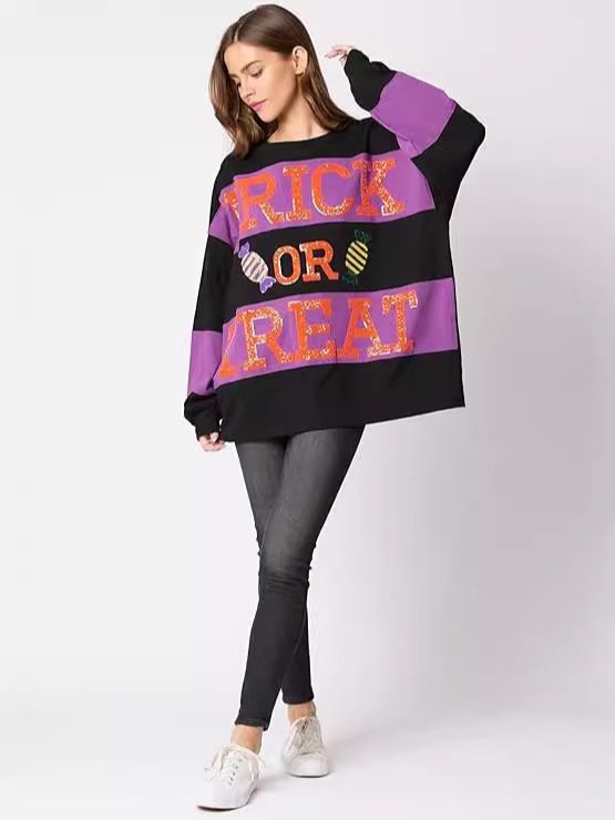 Halloween Pumpkin Letters Jumper Crewneck Dropshoulder Long Sleeve Pullover Top Plus Size Fuzzy Knitted Women Sweaters
